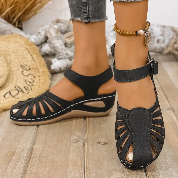 Kerrie – Black Orthopaedic Closed-Toe Ankle-Strap Wedge Sandals