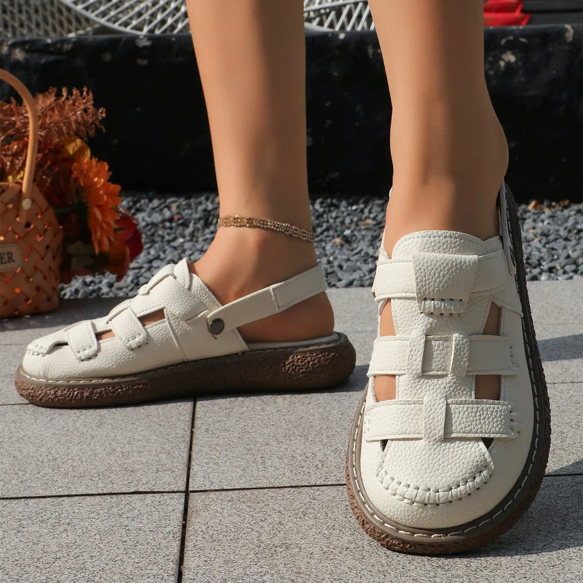 Marlene – Cream fisherman sandals front and side