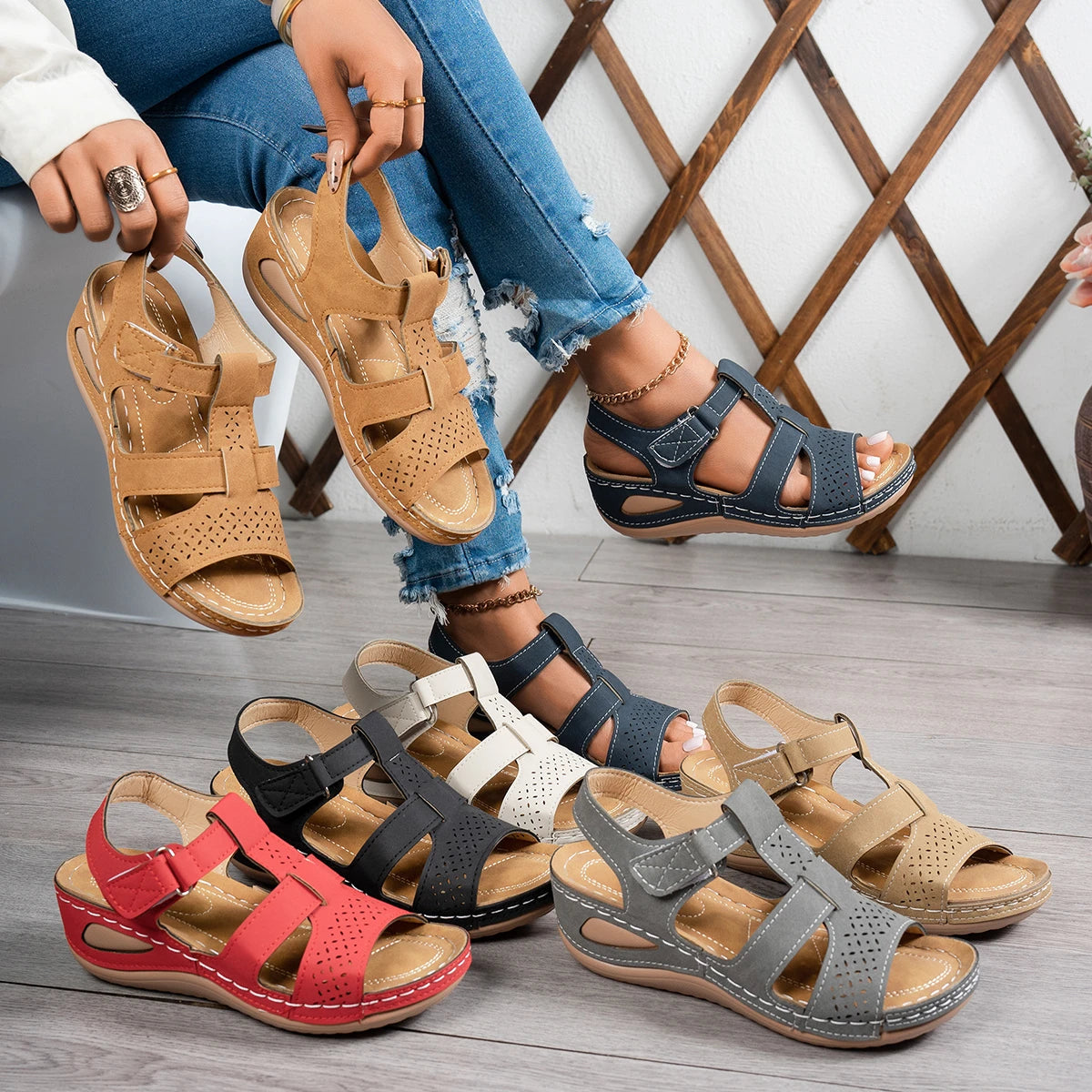Jeannie Orthopaedic Open-Toe Hook-and-Loop Wedge Sandals