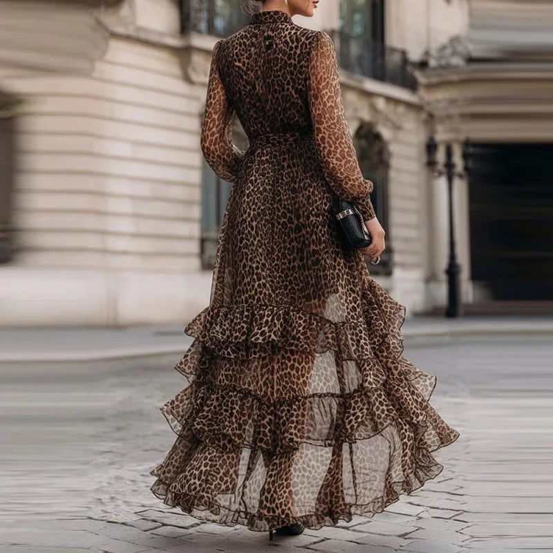 Roselyn Leopard Print Ruffle Maxi Dress