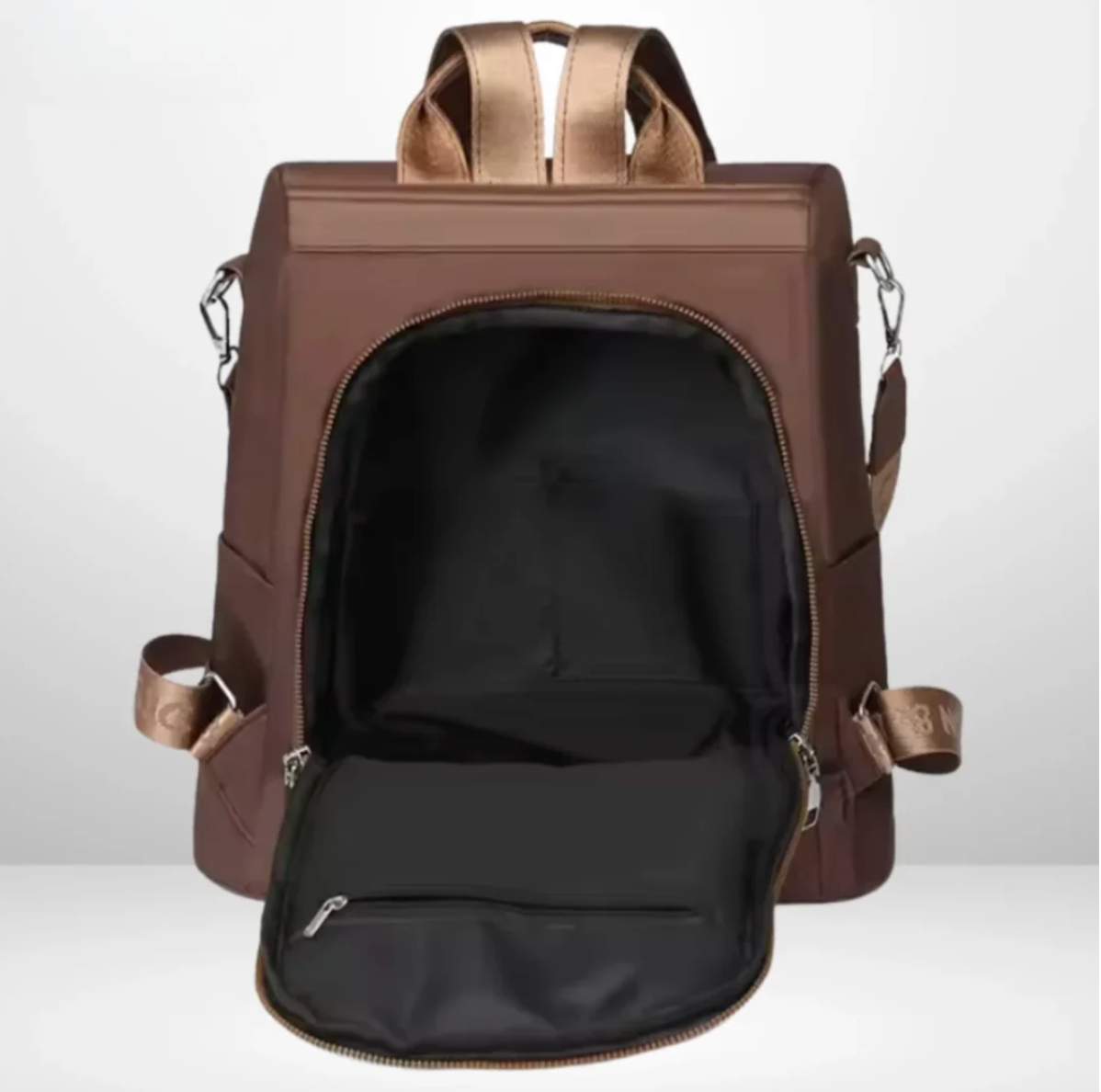Oriana anti-theft backpack in brown, open back zip and interior