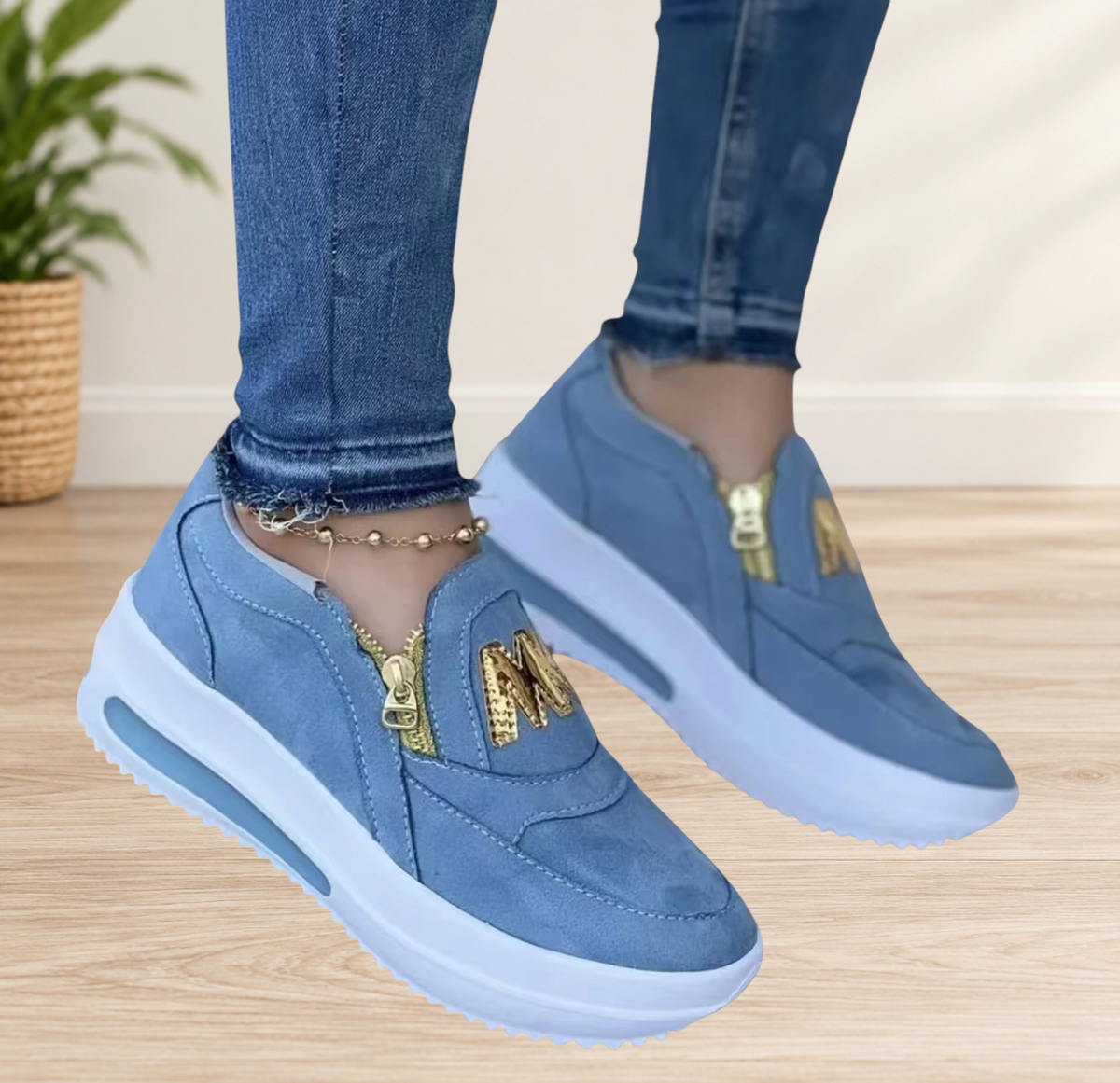 Wattle & Vale Melbourne ZipStep sneakers in blue suede with gold zippers and thick white shock-absorbing soles.