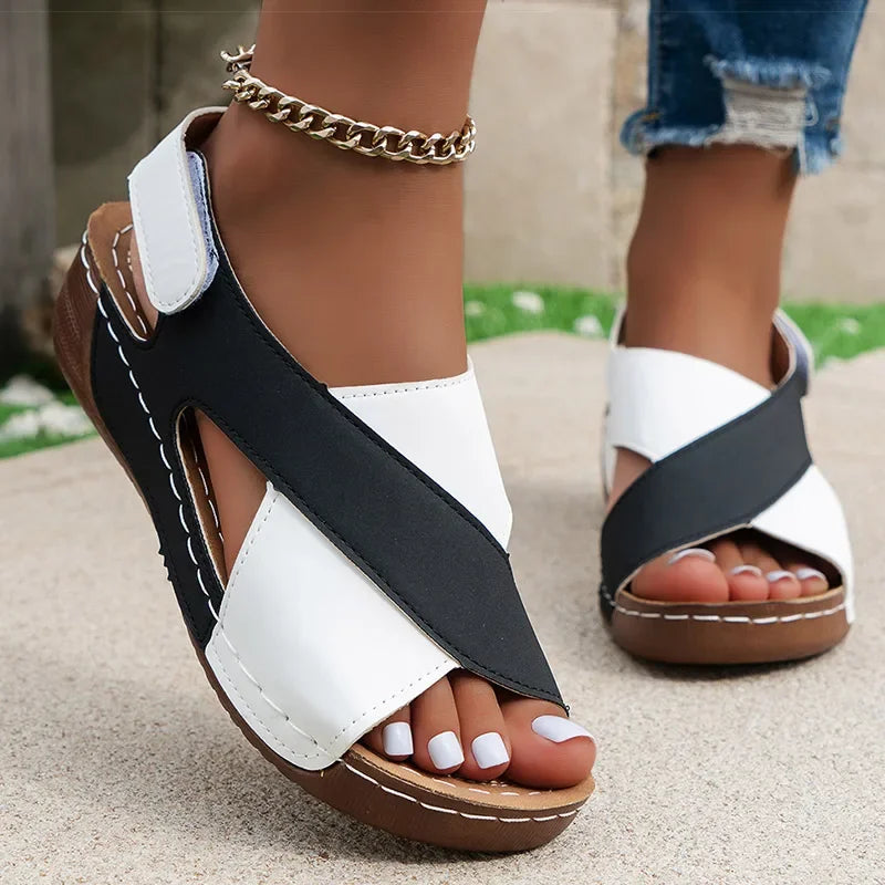 Rosalind Orthopaedic Peep-Toe Wedge Sandals in Black & White
