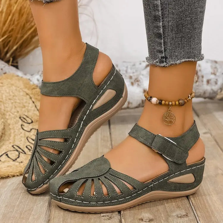 Kerrie – Olive Green Orthopaedic Closed-Toe Ankle-Strap Wedge Sandals
