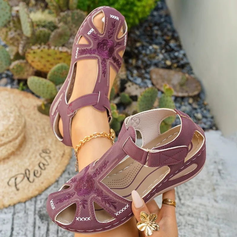 Vonnie – Plum Orthopaedic Closed-Toe Embroidered Wedge Sandals