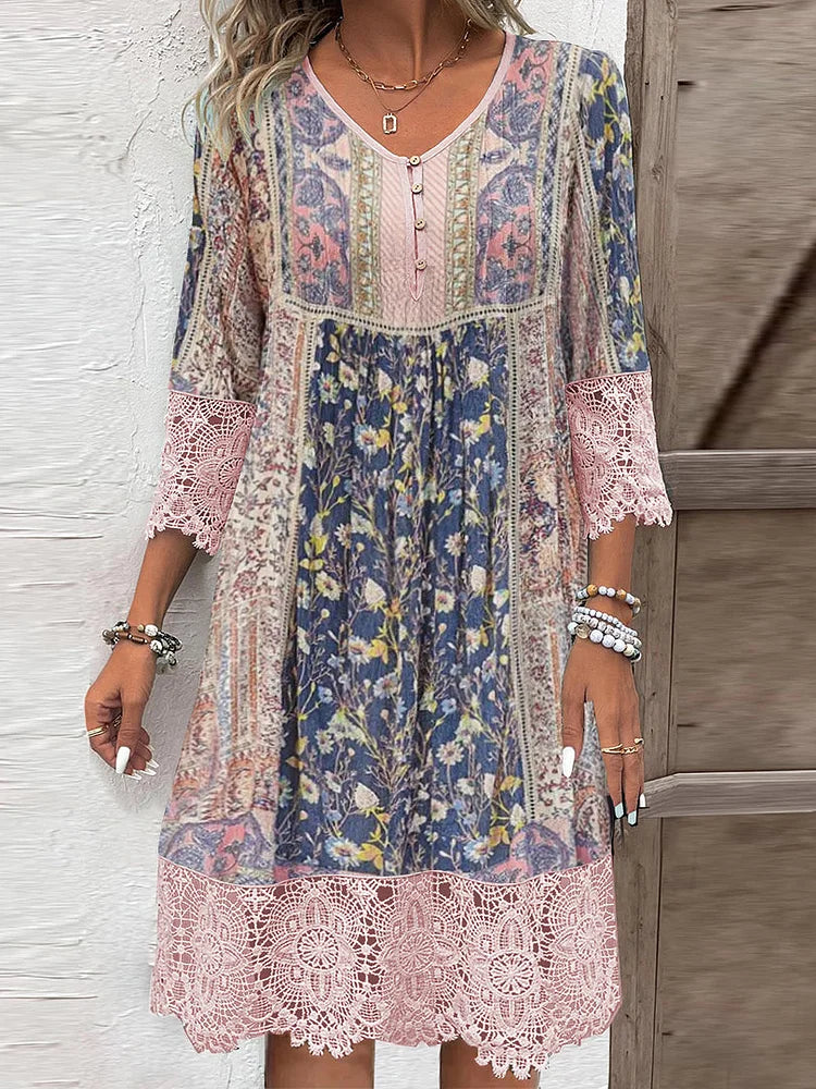 Costanza – Pink & Blue Women's Lace Trim Button V-Neck Midi Dress