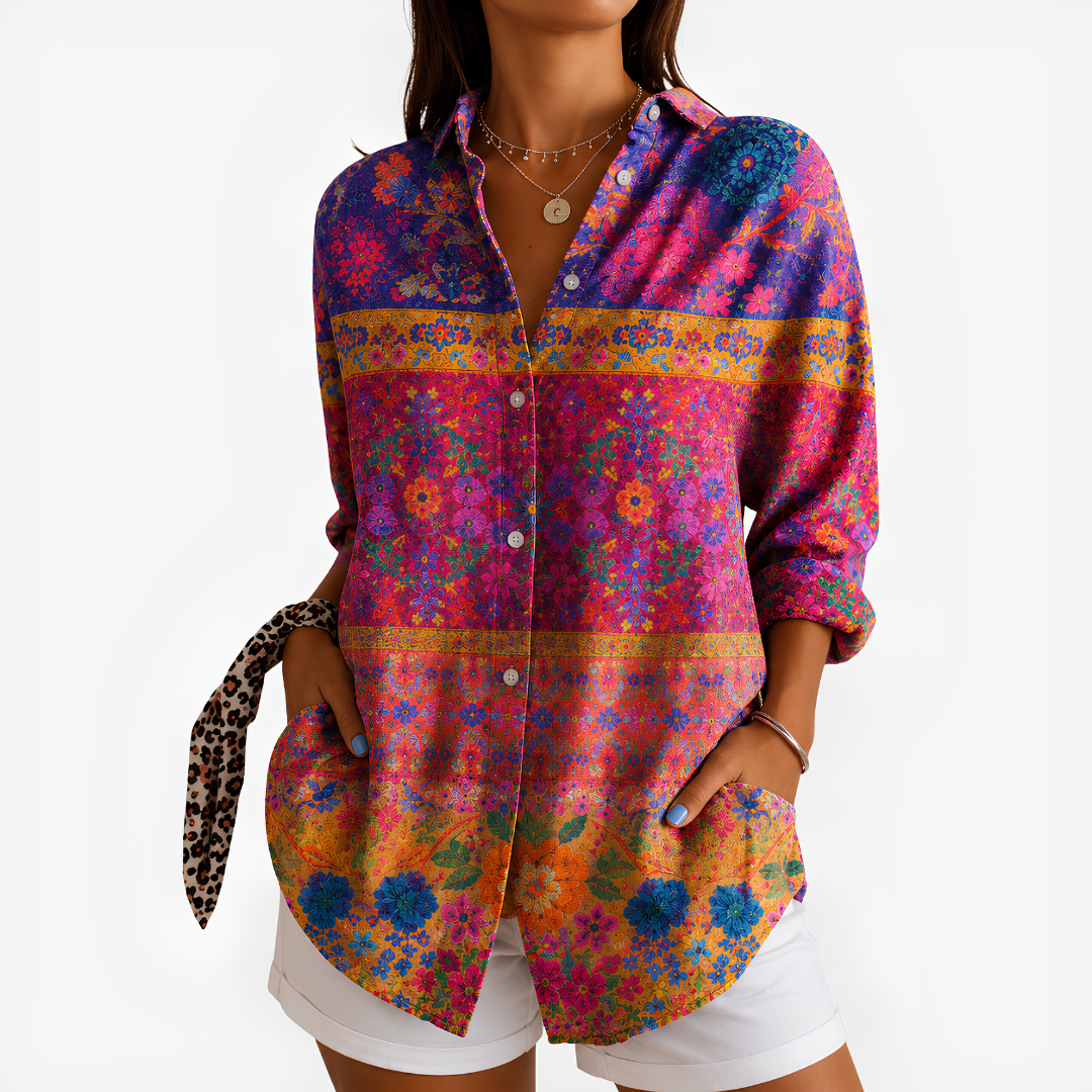 Fern – Magenta Multi Bohemian Floral Band Button-Up Blouse