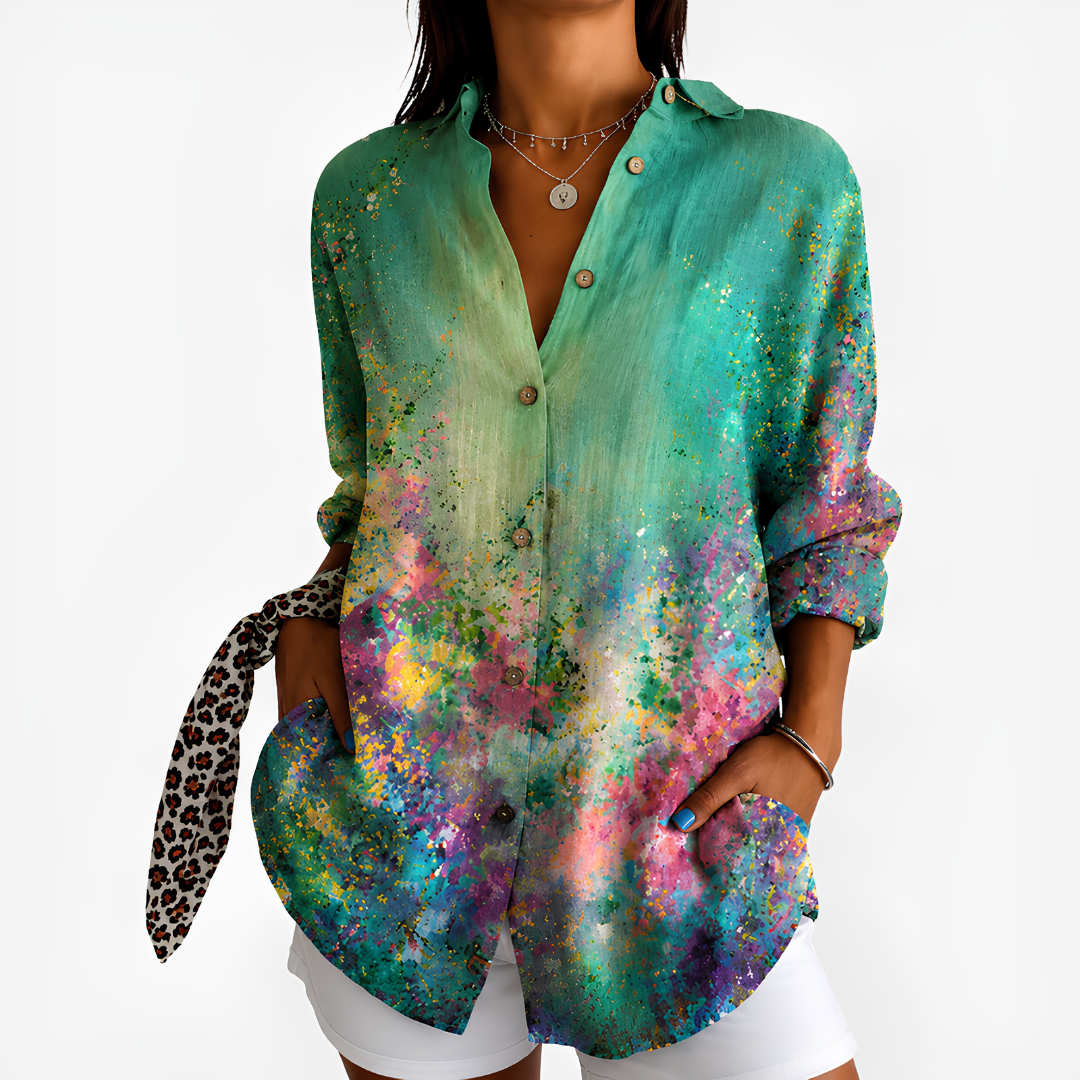 Deborah – Emerald Green Emerald Watercolour Splatter Button-Up Blouse
