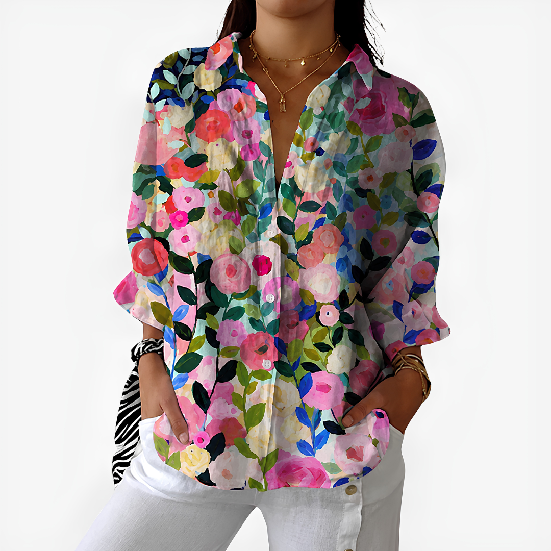 Eugenie – Pink Multi Painted Rose Garden Button-Up Blouse
