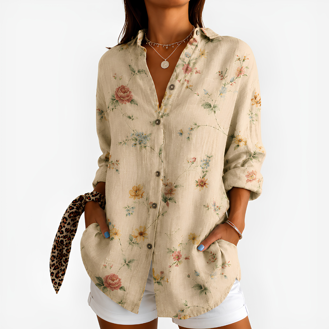 Gabrielle – Beige Ditsy Wildflower Print Button-Up Blouse
