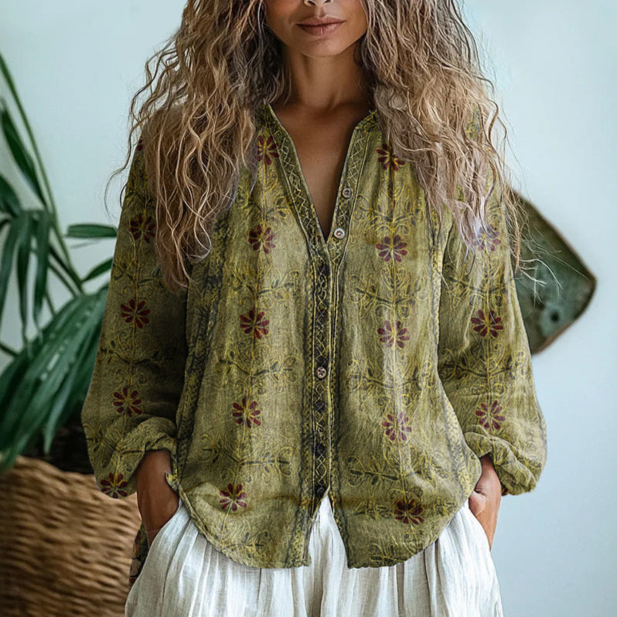 Helena | Women's Linen Long Sleeve Button-Down Blouse