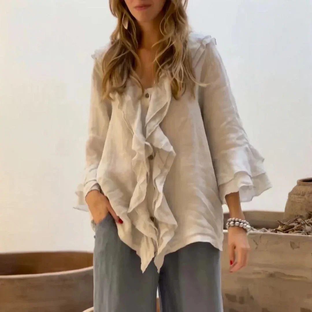 Clemence Ruffle-Front Blouse in Khaki