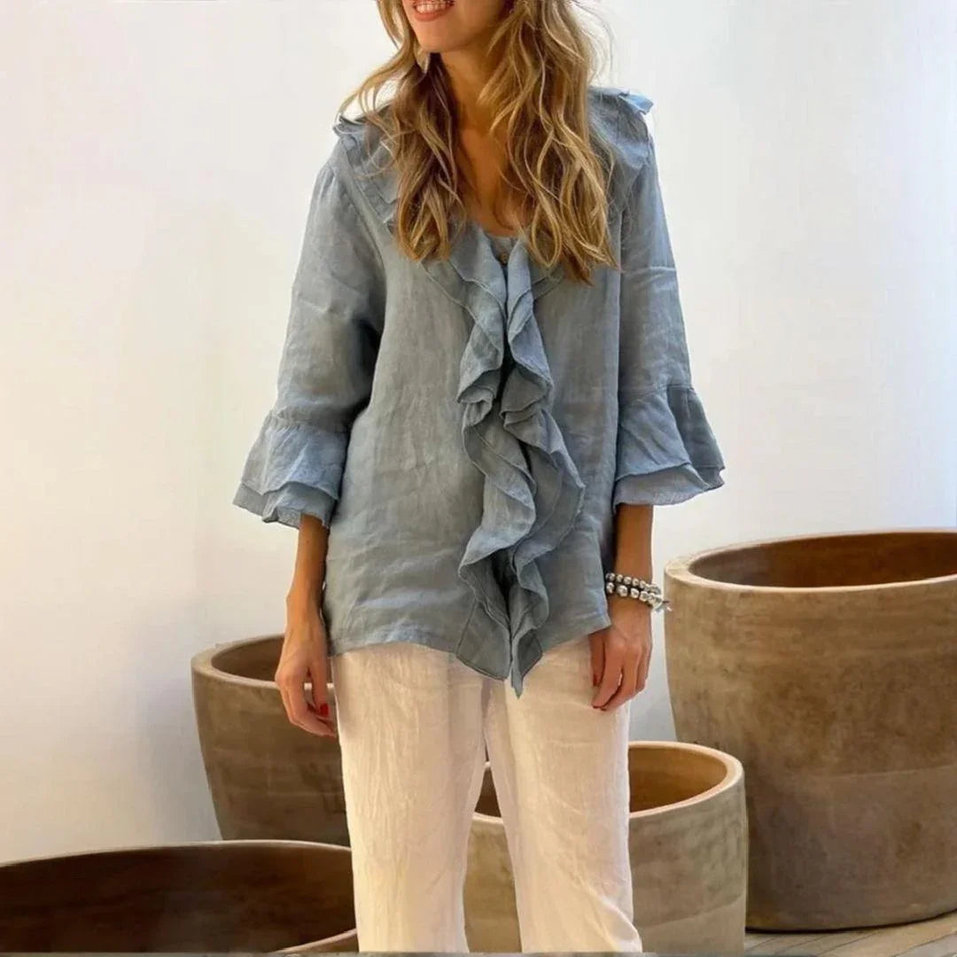 Clemence Ruffle-Front Blouse in Baby Blue