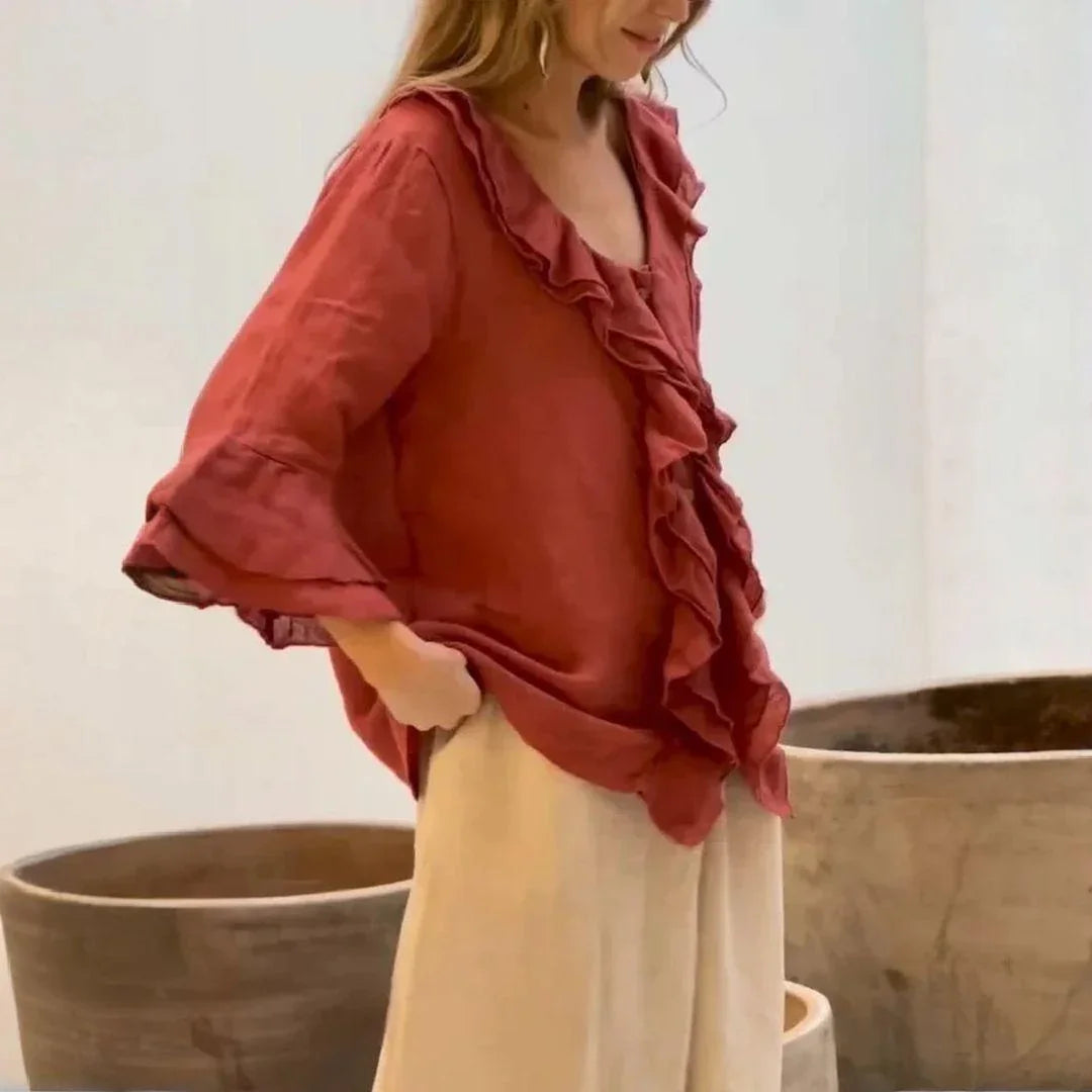 Clemence Ruffle-Front Blouse in Red