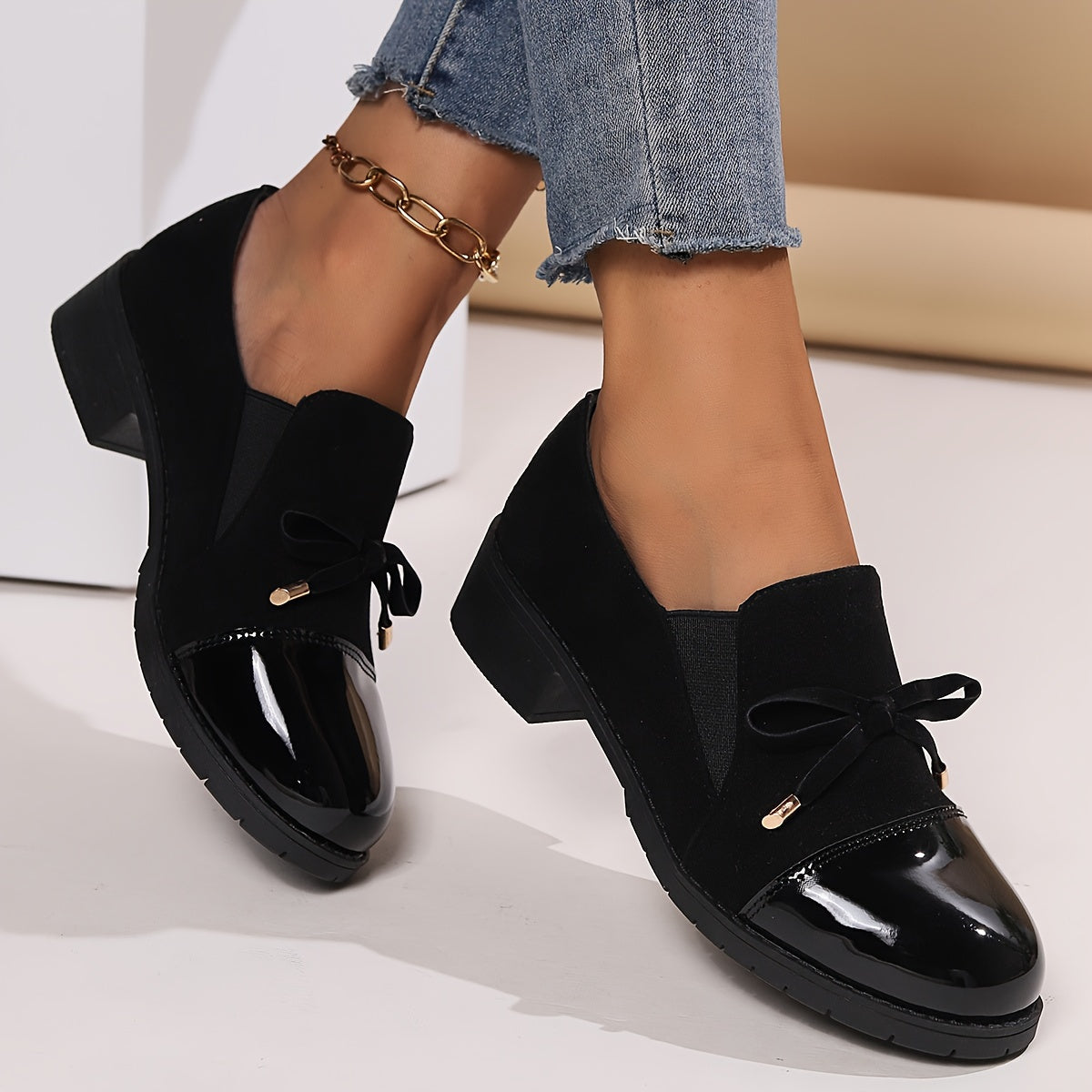 Velma Patent Toe Bow Loafers - Black