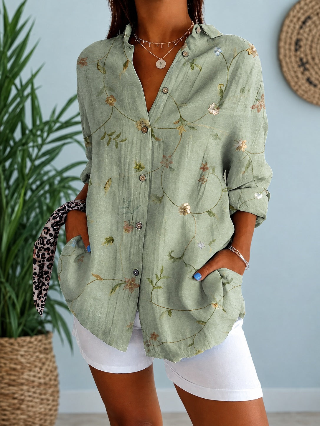Petula – Sage Green Printed Longline Button-Down Shirt