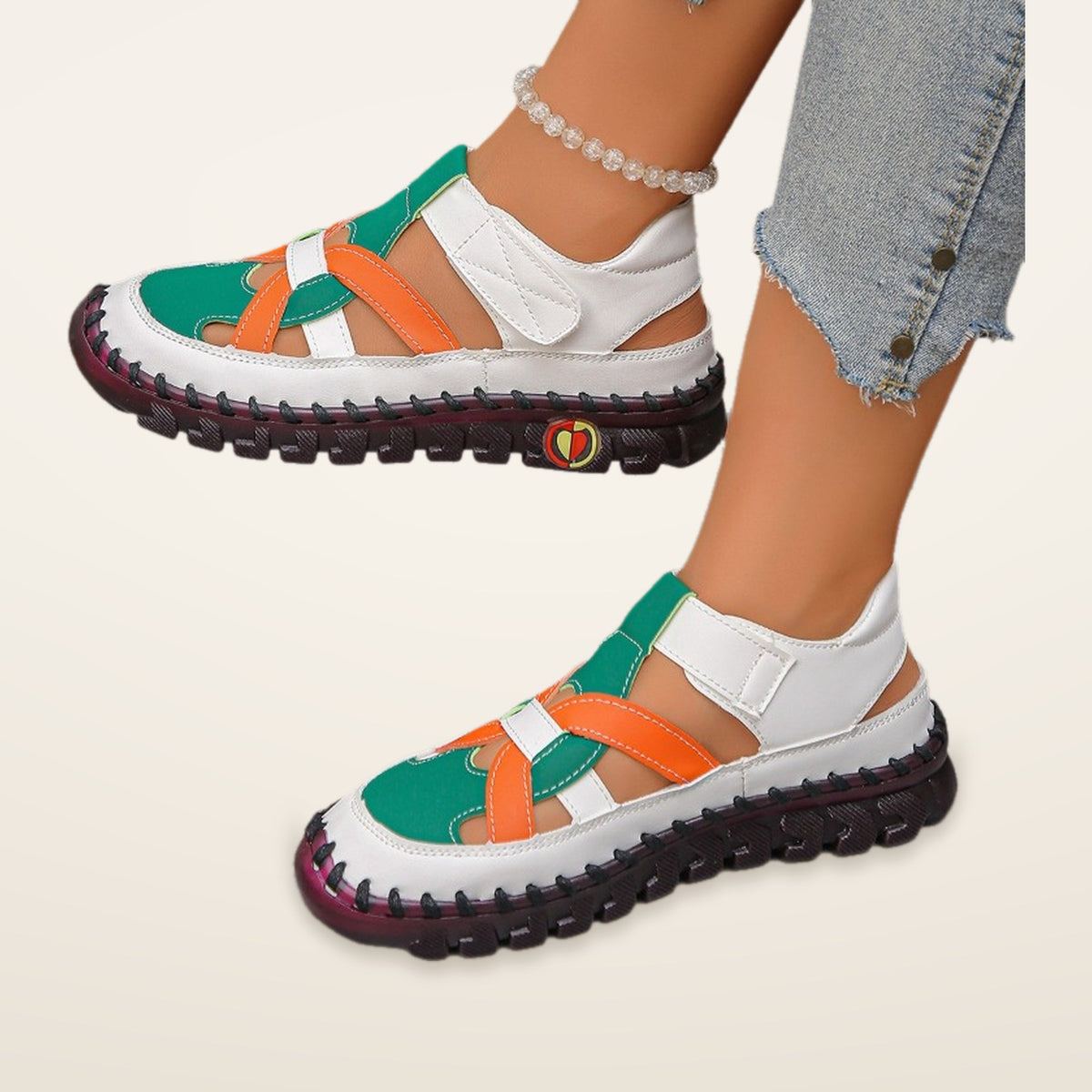 Joanne – White Multi Orthopaedic Closed-Toe Colour-Block Sandals