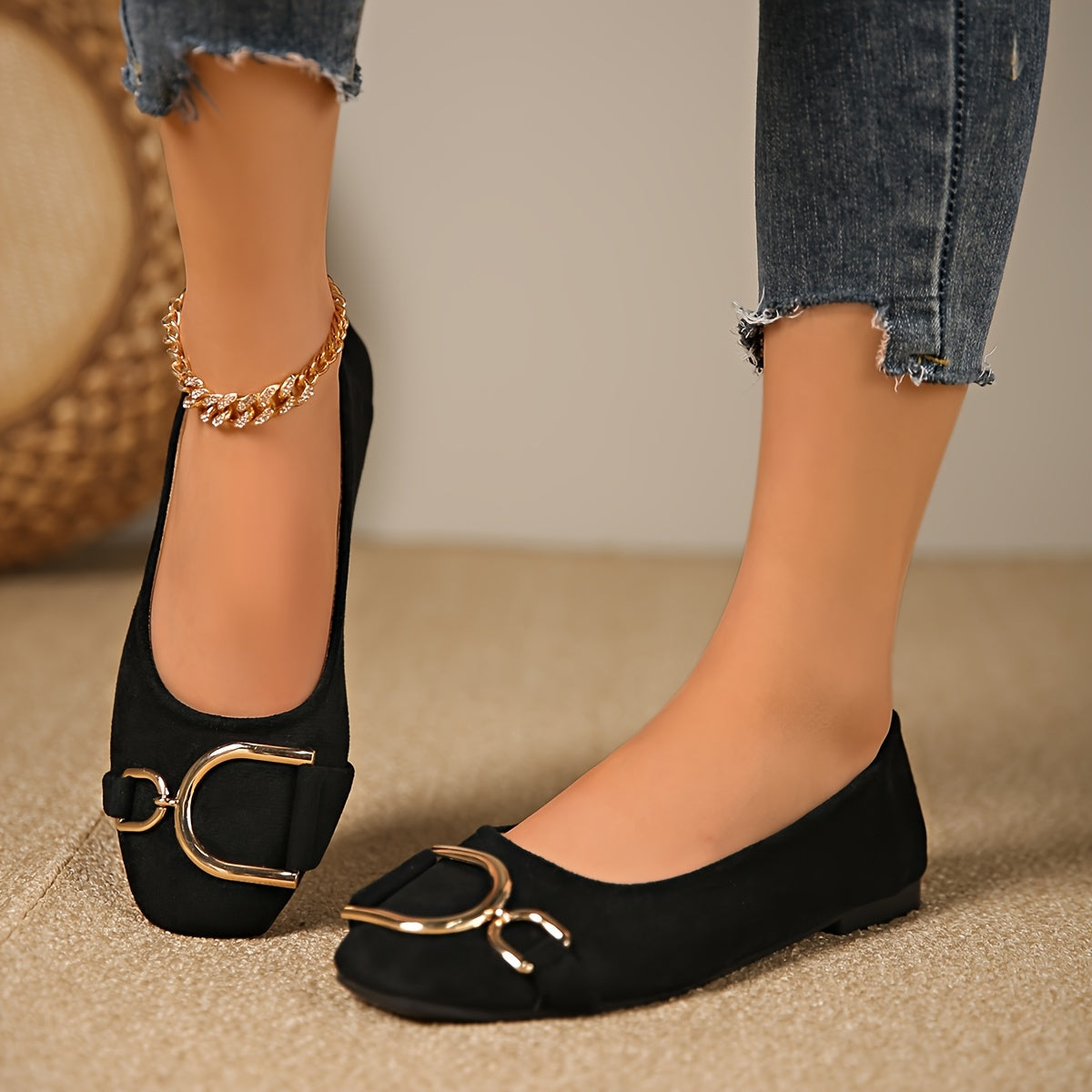 Inez Square-Toe Buckle Ballet Flats