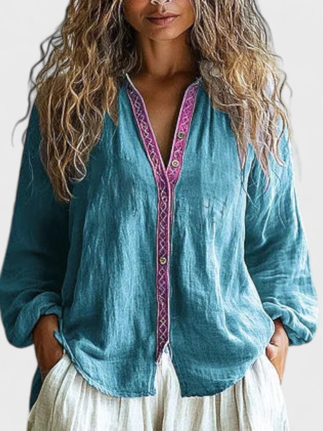 Yolande – Turquoise Linen-Cotton Embroidered-Trim Button Blouse