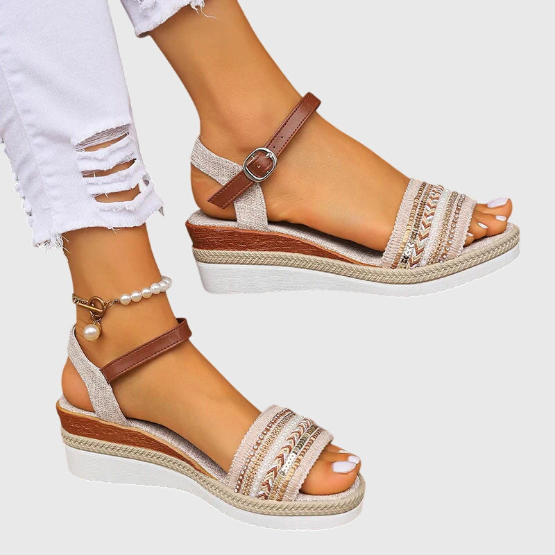 Esmae wedge sandals worn, side profile of jute-look wedge