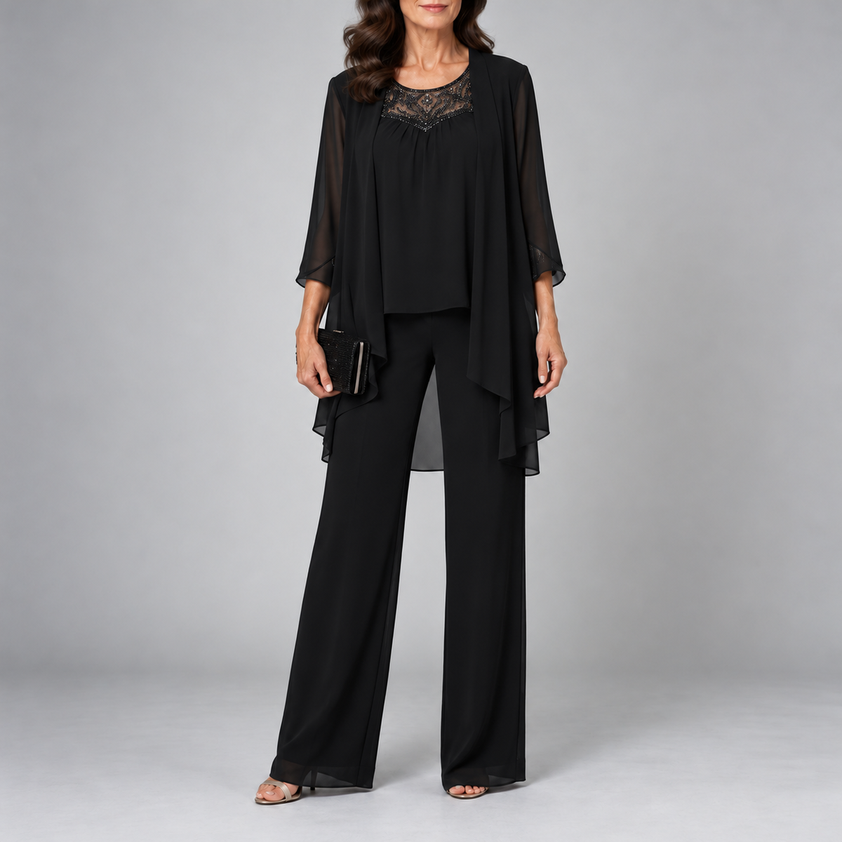 Alice Three-Piece Chiffon Set - Black front