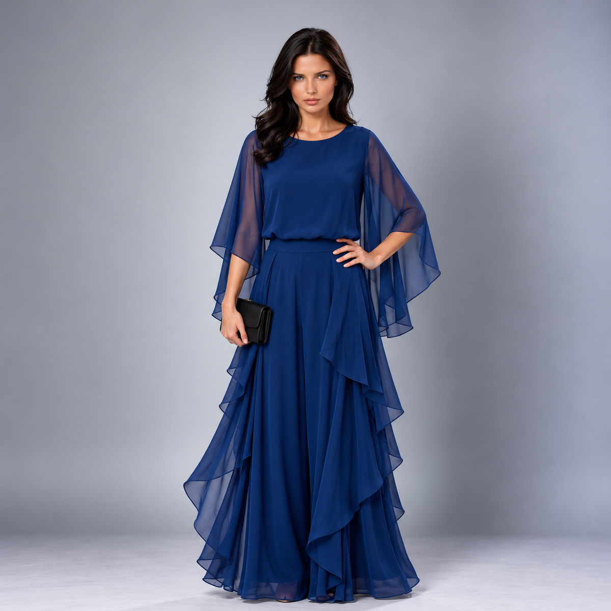 Elvina cape-sleeve trouser set in Blue