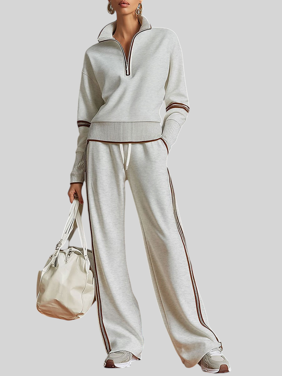 Wattle & Vale Melbourne Kinsley lounge set met beige wide-leg broek en trui met rits in zachte stof