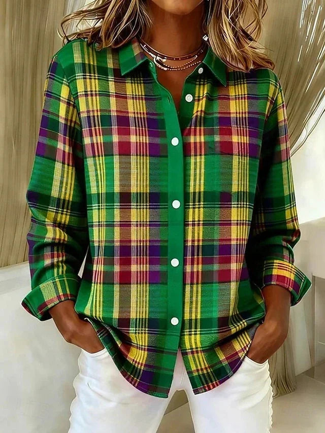 Sybil Womens Vintage Plaid Button-Front Shirt in Green