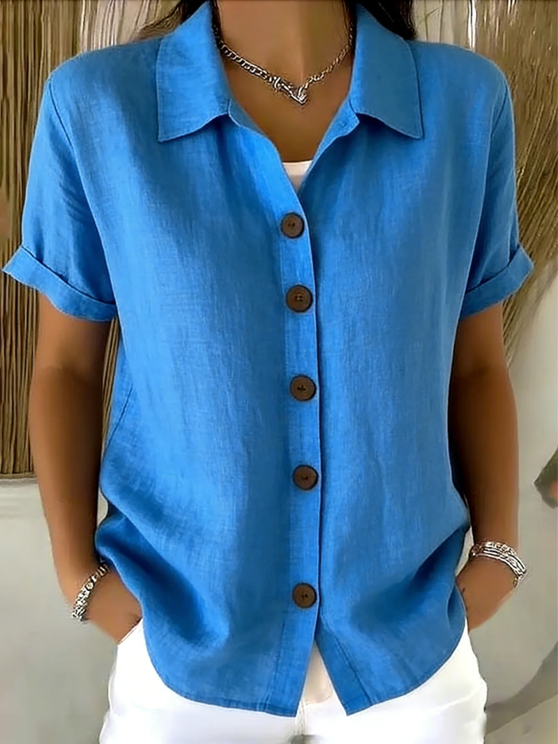 Rosalba – Blue Women's Short-Sleeve Button-Up Shirt