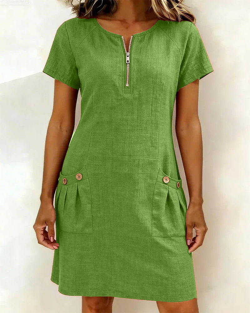 Carmen – Apple Green Zip-Neck Cotton-Linen A-Line Dress