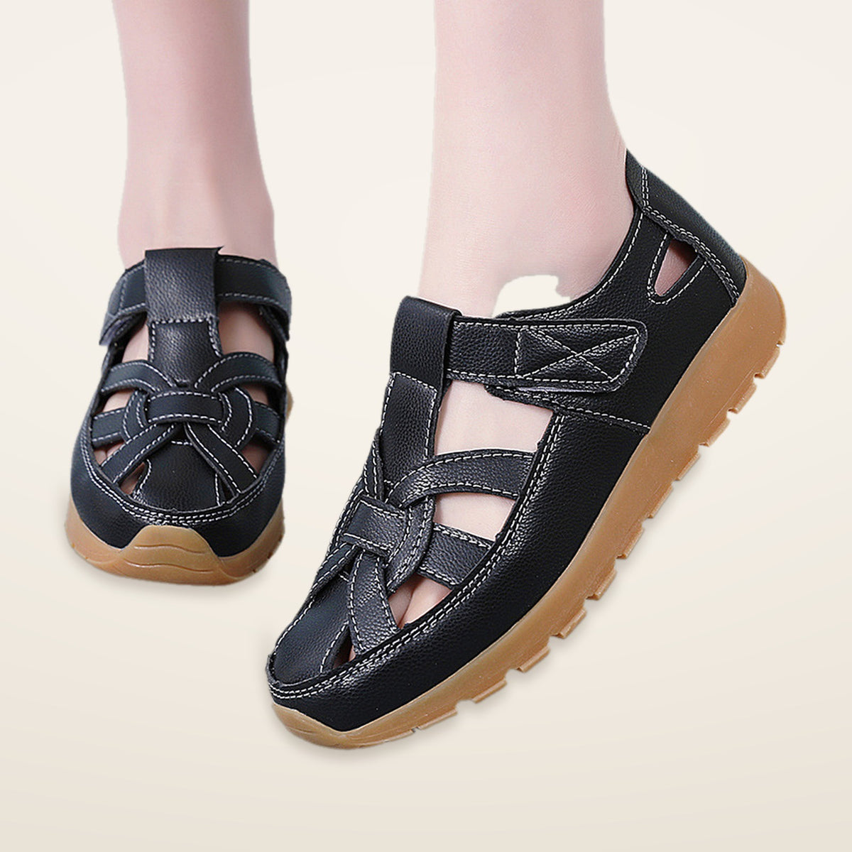 Ailsa – Black Orthopaedic Closed-Toe Leather Flat Sandals