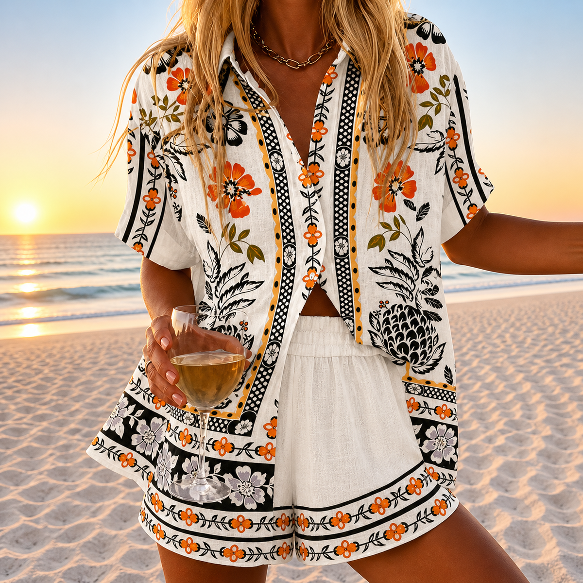 Joan – White & Orange Pineapple Floral Print Two-Piece Shorts Set