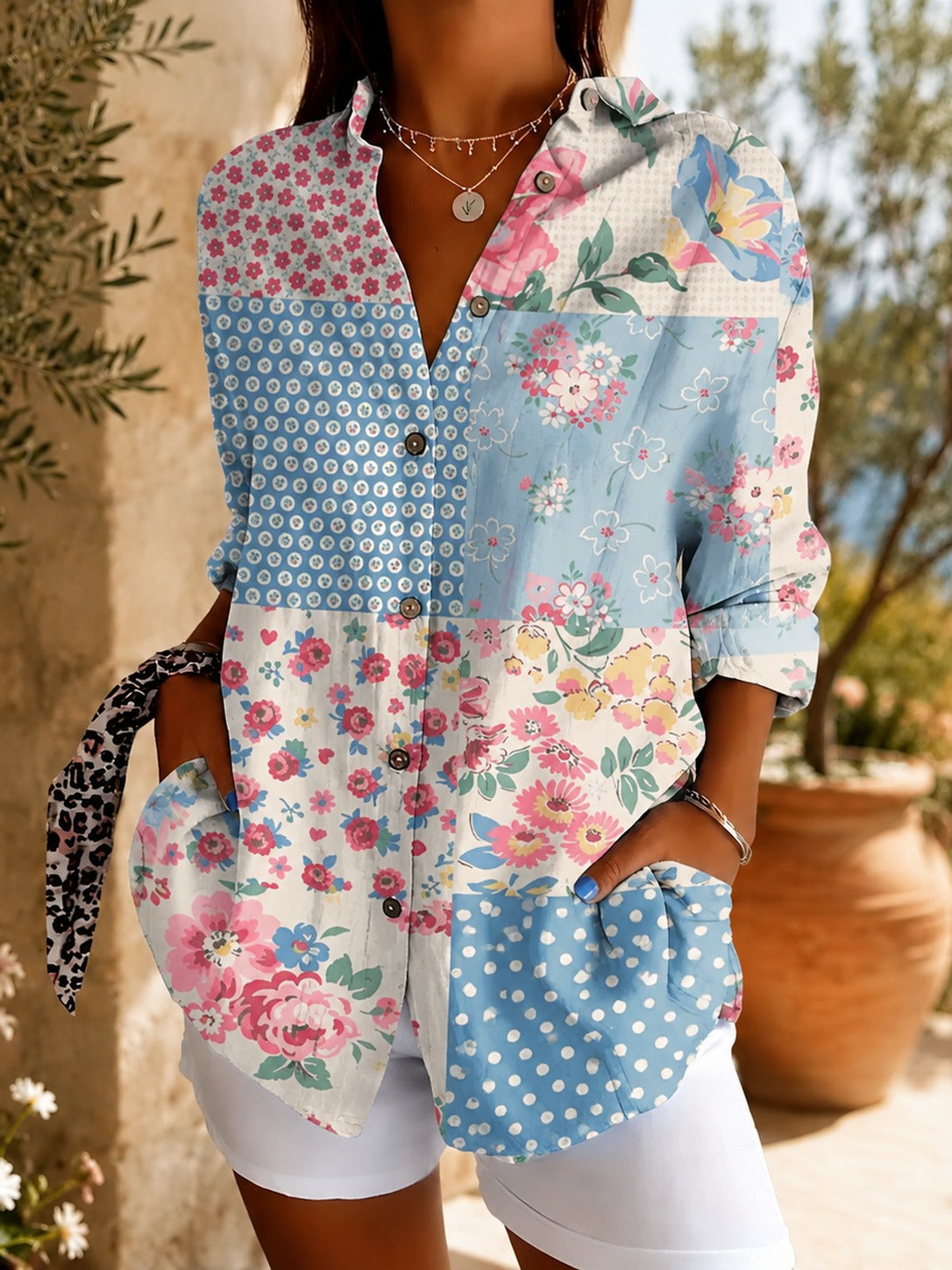 Bryony – Pink & Blue Patchwork Patchwork Floral Longline Button-Down Shirt