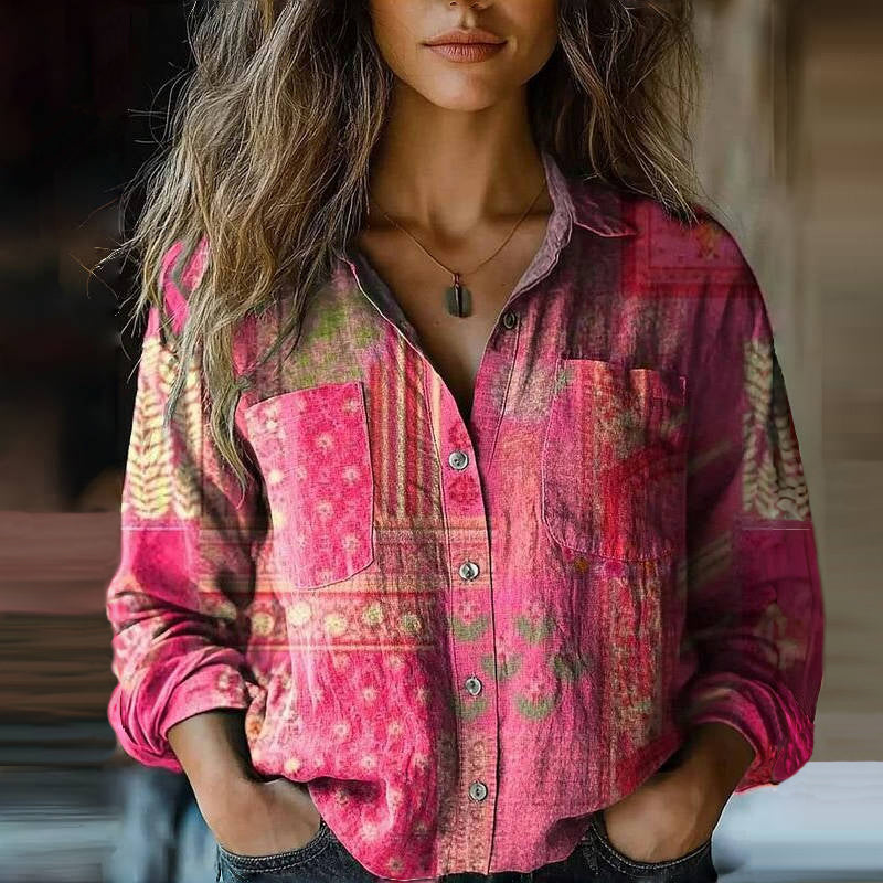 Charmaine – Bohemian Patchwork Print Button-Up Blouse