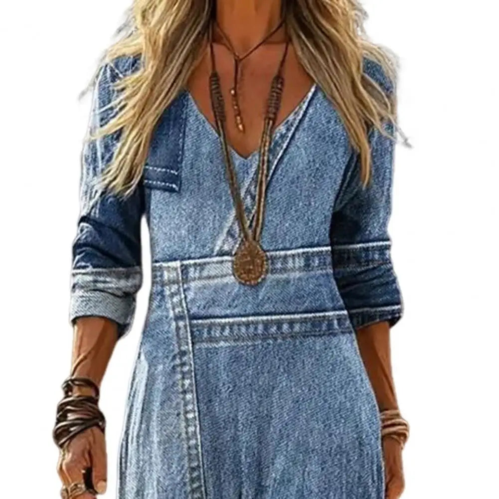 Delphia Denim-Look Patchwork Maxi Dress V-neck detail