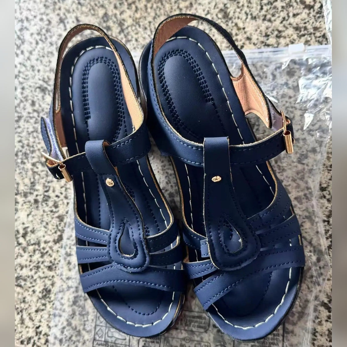 Delphine T-Strap Block-Heel Comfort Sandals in Navy