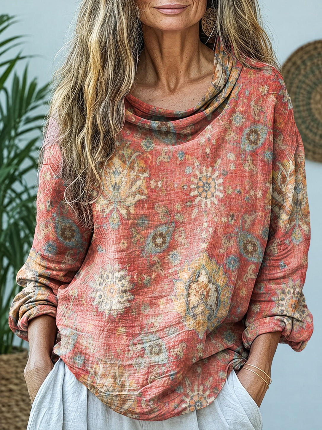 Ione β Coral Ethnic Print Cowl-Neck Cotton Top