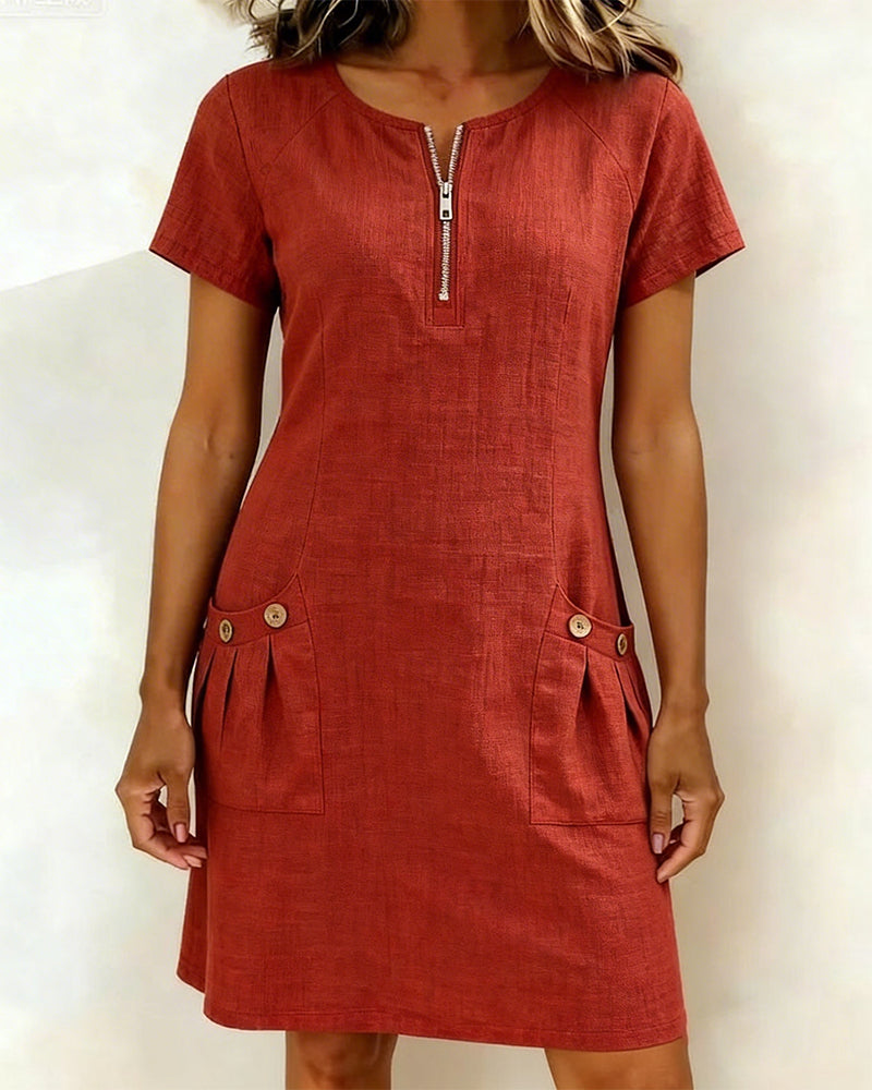 Carmen – Rust Red Zip-Neck Cotton-Linen A-Line Dress