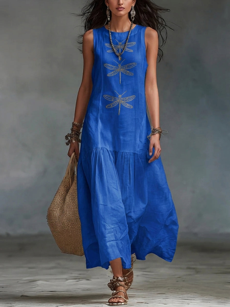 Nireliah™ | Dragonfly Print Cotton-Linen Maxi Dress