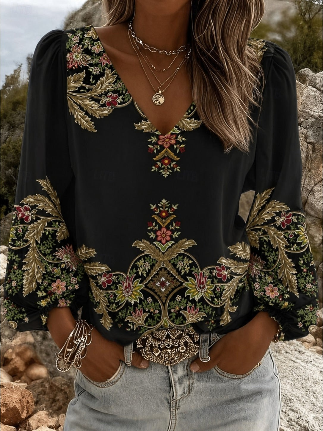 Clemency – Black Embroidered-Look Print V-Neck Blouse