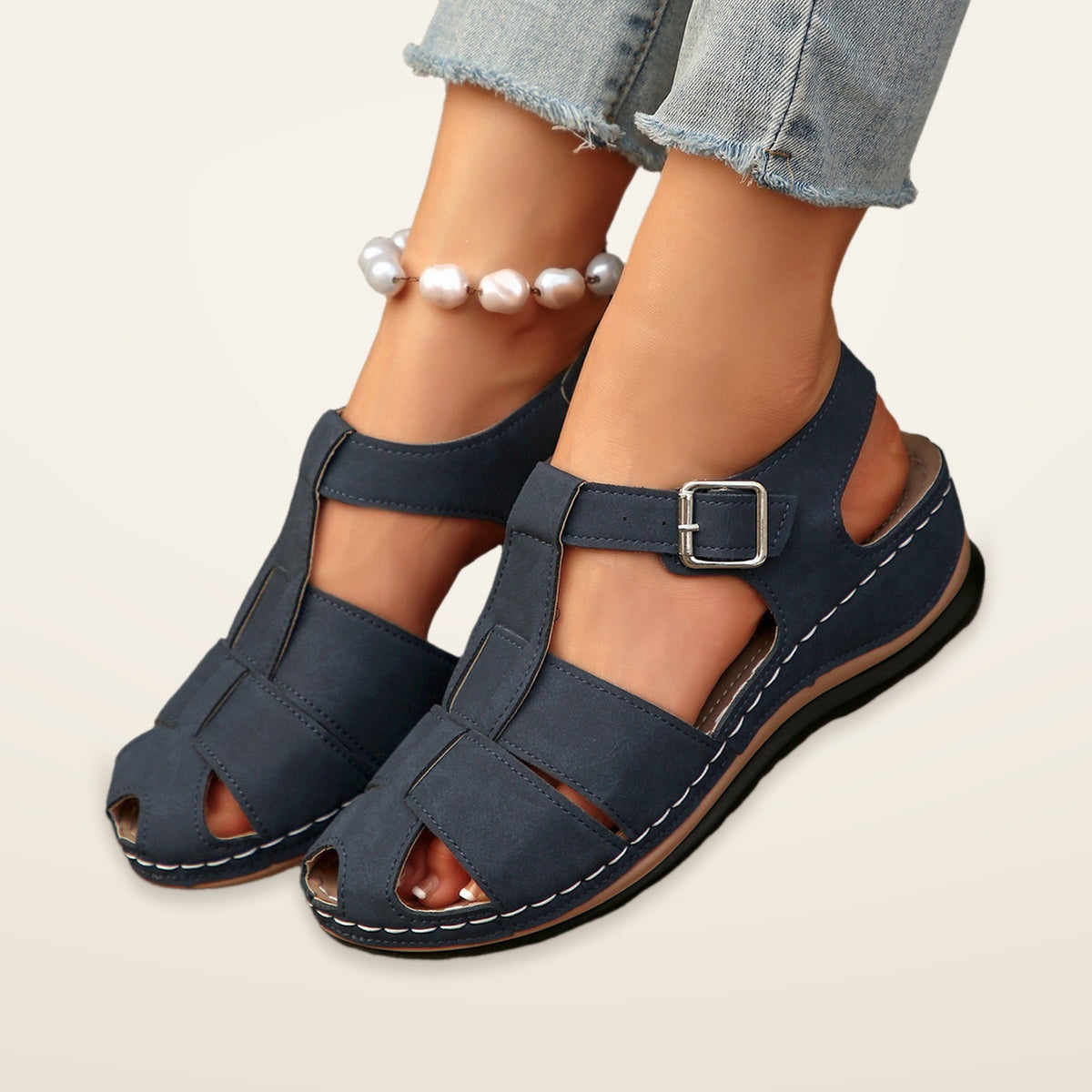 Minnie – Navy Blue Orthopaedic Buckle Fisherman Wedge Sandals
