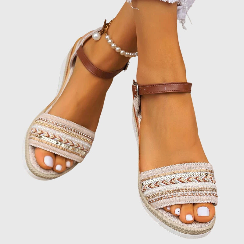 Esmae sandals front view showing embellished woven toe band