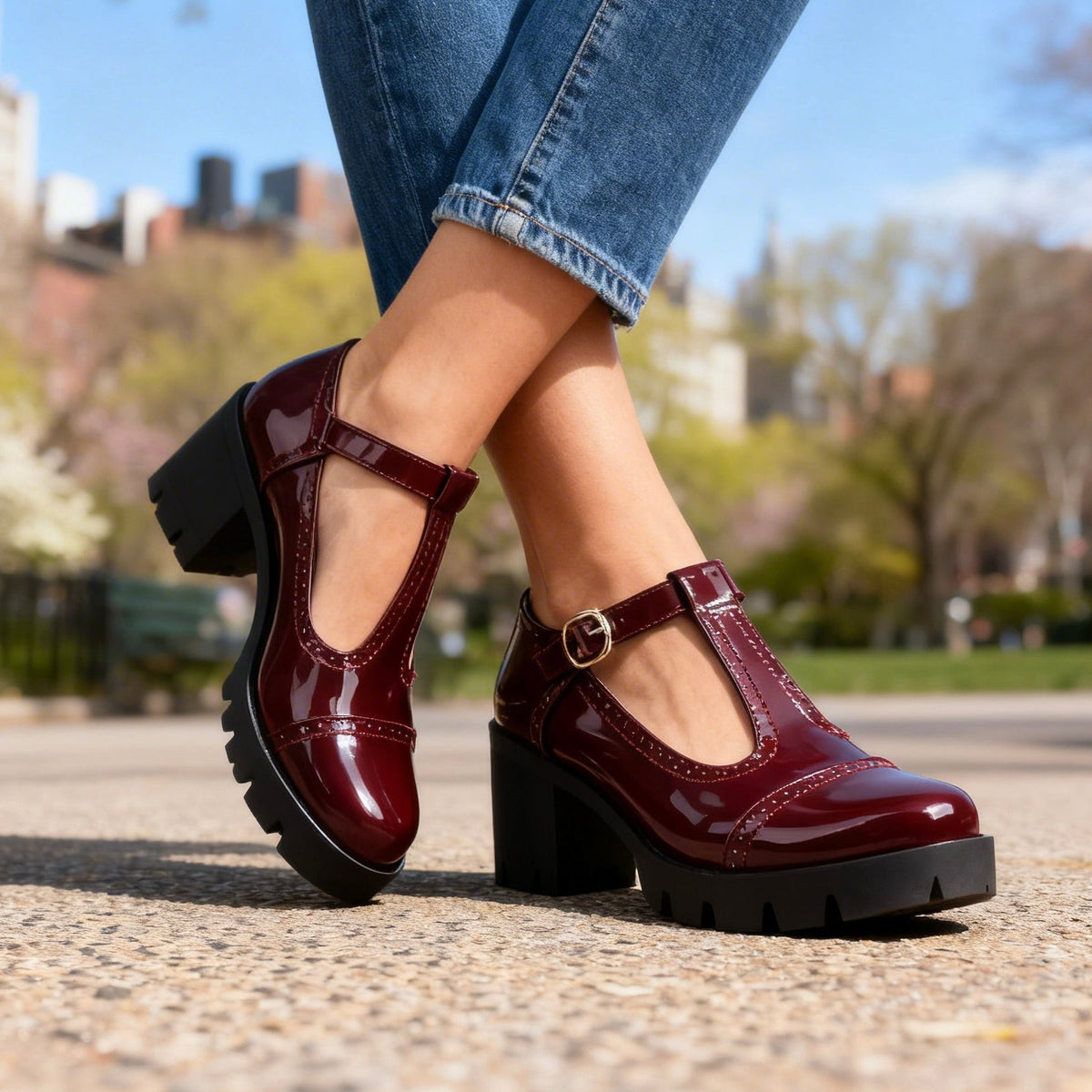 Rosalyn brogue T-strap block heel shoes in Burgundy