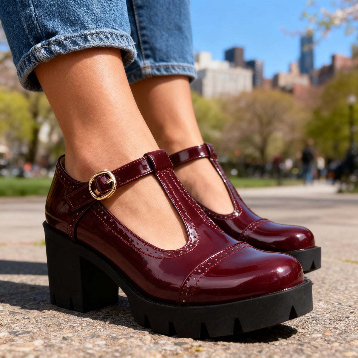 Rosalyn brogue T-strap block heel shoes in Burgundy