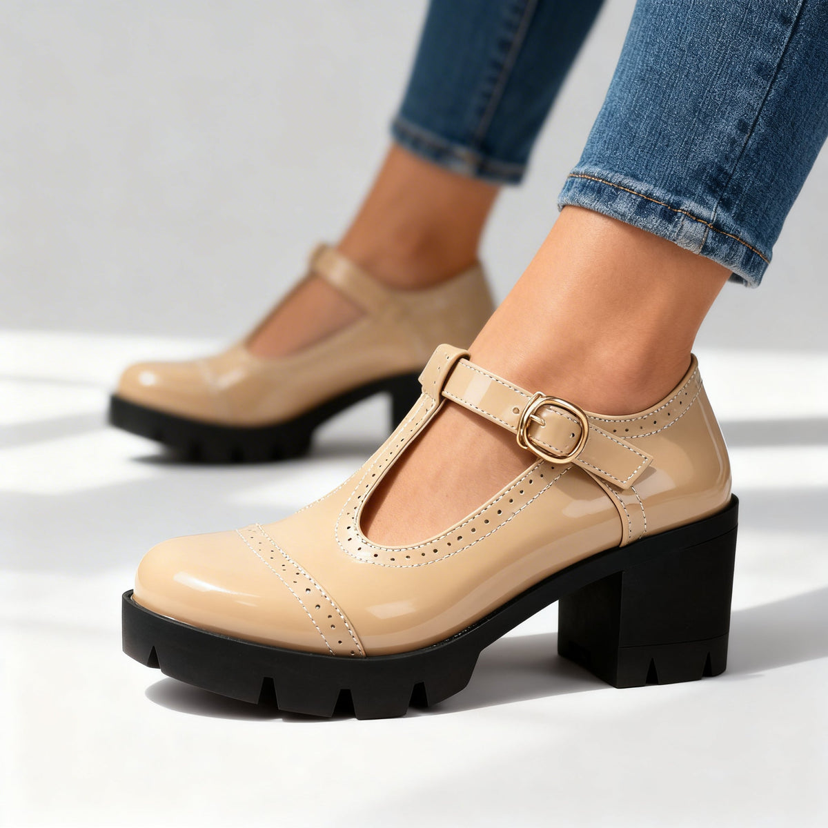 Rosalyn brogue T-strap block heel shoes in Beige