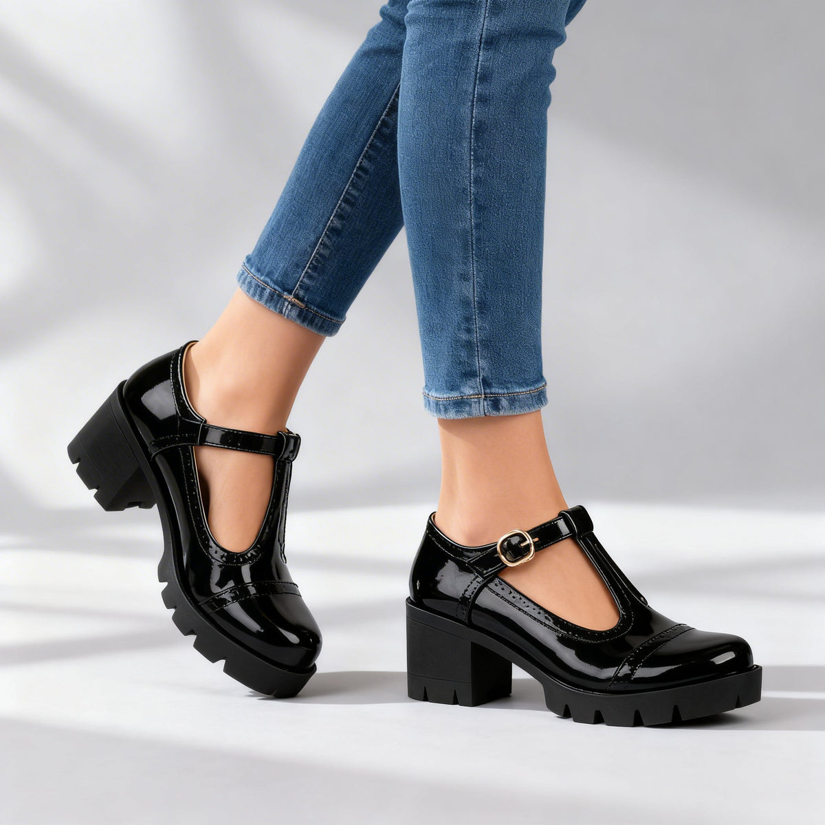 Rosalyn brogue T-strap block heel shoes in Black