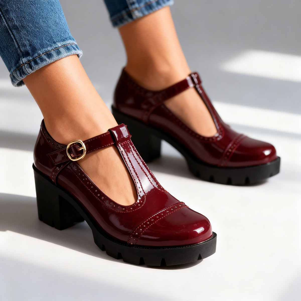 Rosalyn brogue T-strap block heel shoes in Burgundy