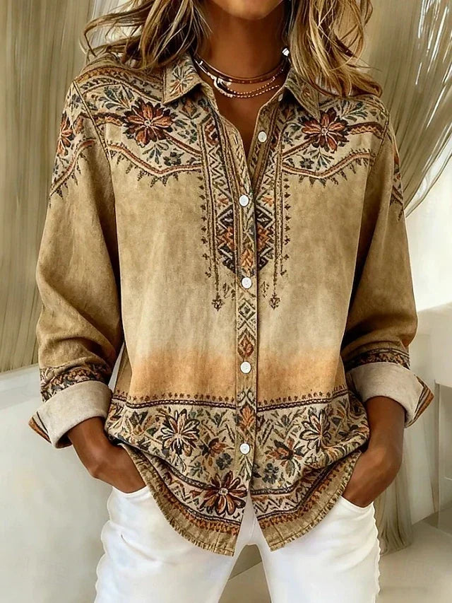 Constance Womens Vintage Floral Button-Front Shirt in Khaki