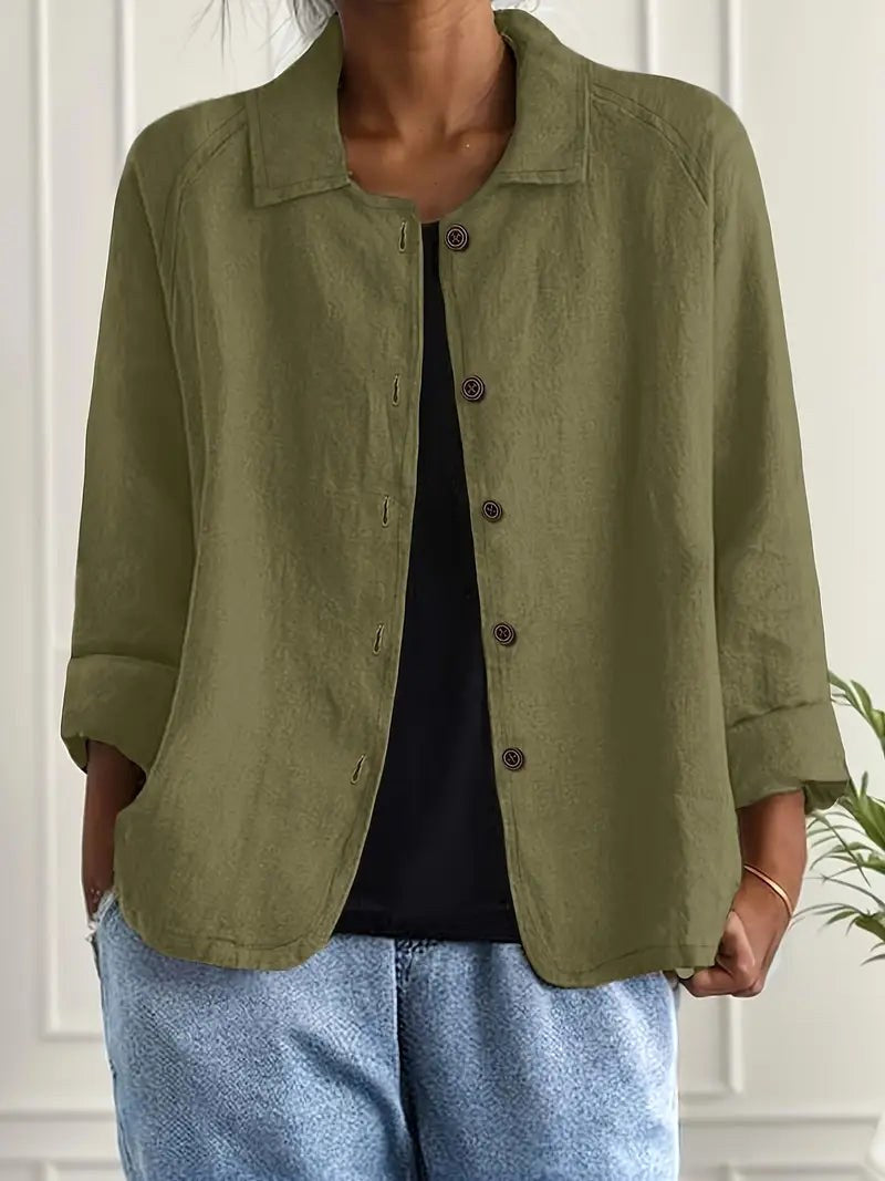 Brenda – Olive Green Olive Green Relaxed Textured Button-Front Blouse
