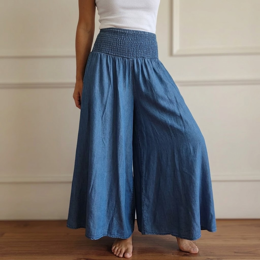 Dagny trousers front view, Chambray Blue